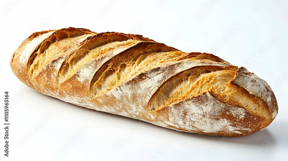 A Close-Up of a Crusty Loaf of Bread with a Golden Brown Crust and a Soft, White Interior, Displayed Against a White Background A Close-Up of a Crusty Loaf of Bread with a Golden Brown Crust and a Soft, White Interior, Displayed Against a White Background