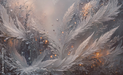 Painting of a snowy forest with a white feathery tree. The tree is covered in snow and has a few leaves