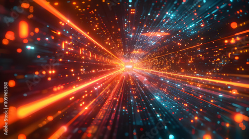 Abstract 3D Digital Tunnel Background with Glowing Particles and Light Streaks, Futuristic Cyberspace Visualization