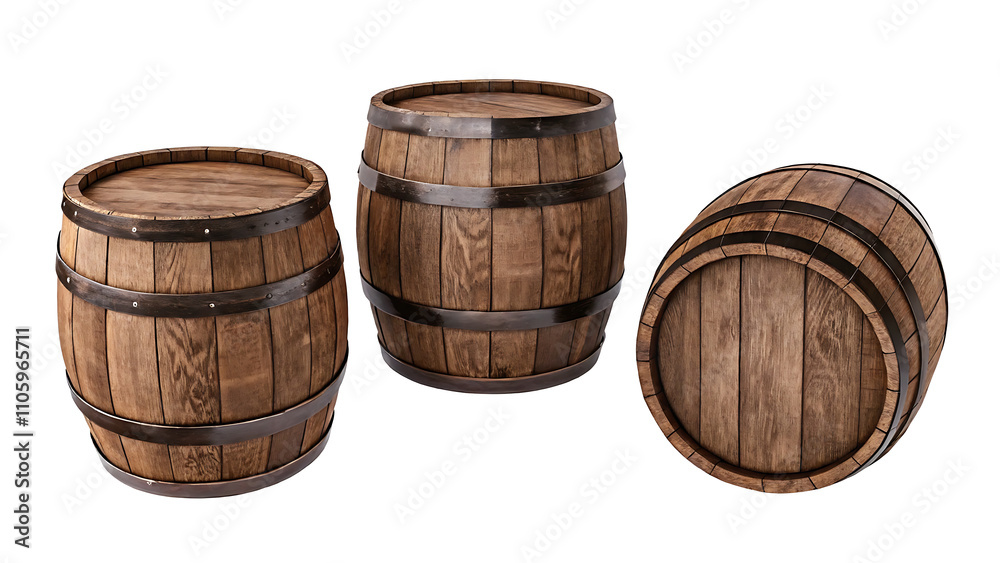 Obraz premium Set of wooden oak barrels isolated on white background.AI GENERATED