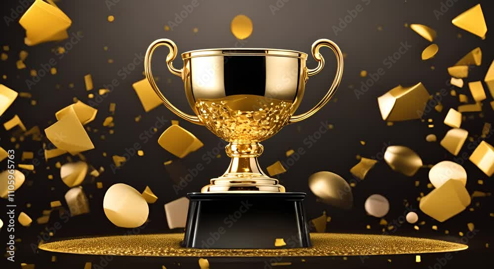 Gold winners sports cup on festive black background with confetti design trophy Golden symbol of winner celebration sport competition champion games 4K
