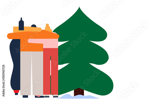 Family of three standing in front of a big Christmas tree, with a star. Colorful, vector illustration on transparent background. Horizontal layout perfect for social media, card, banner or article photo