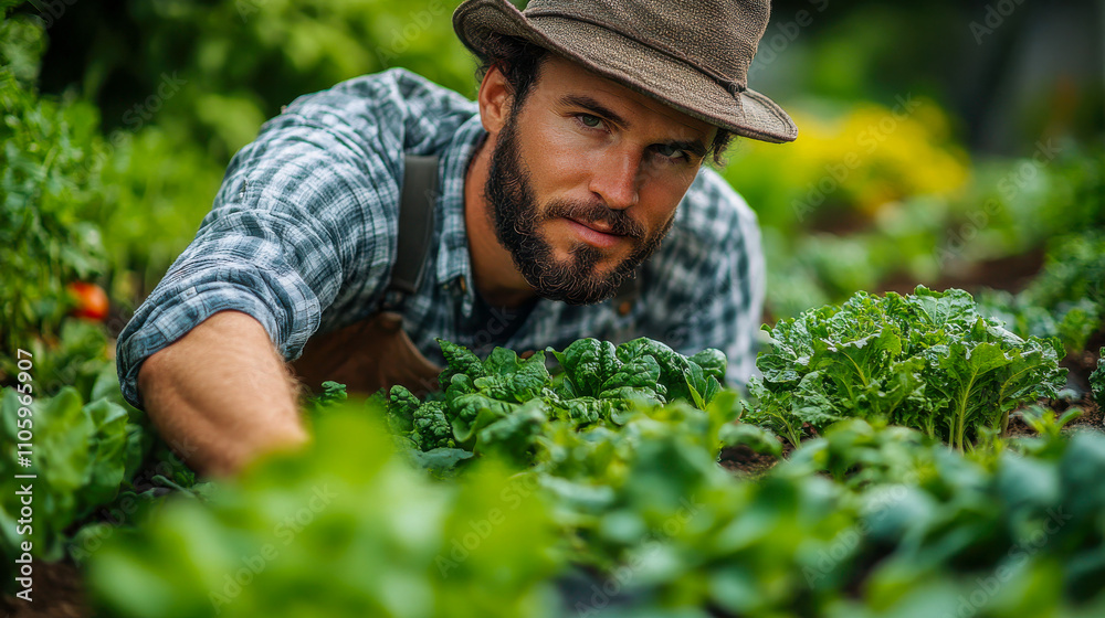 A dedicated farmer in a hat, tending to leafy green vegetables in a sunlit field, embodying sustainable agriculture A dedicated farmer in a hat, tending to leafy green vegetables in a sunlit field, embodying sustainable agriculture