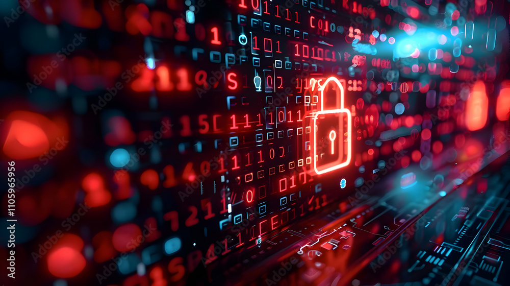 Cybersecurity: Digital Lock Icon Illuminates Binary Code Background, Illustrating Data Protection. Cybersecurity: Digital Lock Icon Illuminates Binary Code Background, Illustrating Data Protection.