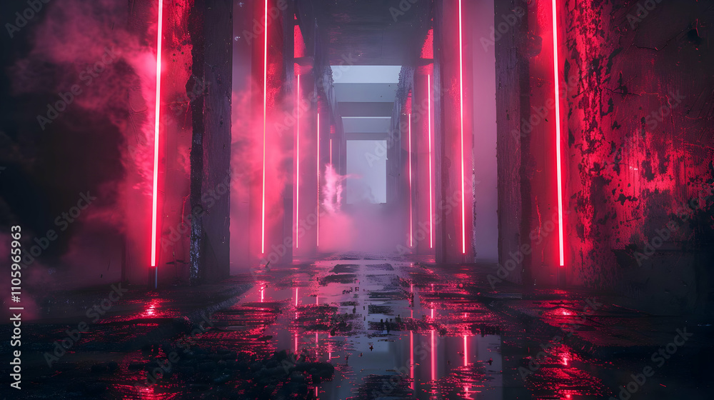 Digital 3D Artwork: Pink Neon Lights Illuminate a Dark, Moody, Wet, Concrete Corridor, Creating an Atmospheric Cyberpunk Scene Digital 3D Artwork: Pink Neon Lights Illuminate a Dark, Moody, Wet, Concrete Corridor, Creating an Atmospheric Cyberpunk Scene