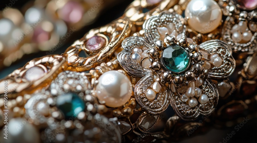 A close-up of embellishments on a piece of jewelry, showcasing the attention to detail and artistry involved in its creation A close-up of embellishments on a piece of jewelry, showcasing the attention to detail and artistry involved in its creation