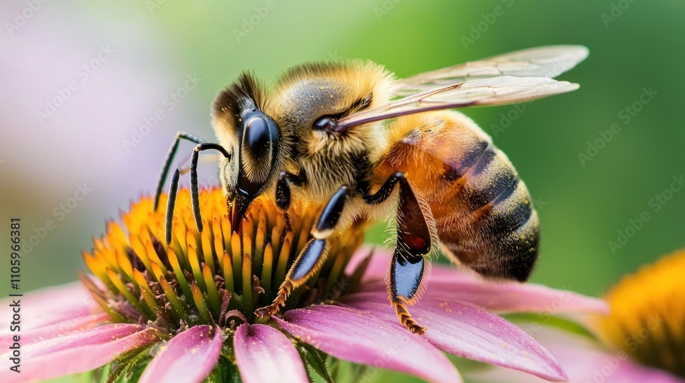A close-up of bees pollinating flowers emphasizes their vital role in maintaining the ecosystem and supporting agriculture A close-up of bees pollinating flowers emphasizes their vital role in maintaining the ecosystem and supporting agriculture