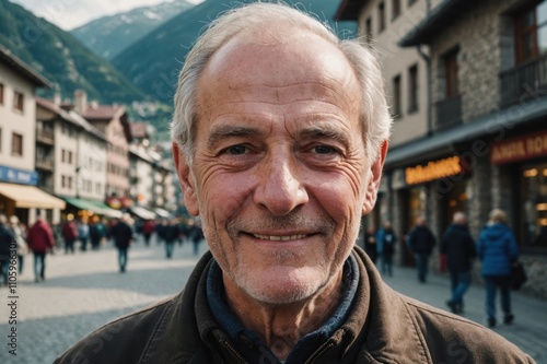 Close portrait of a smiling senior Andorran man looking at the camera, Andorran city outdoors blurred background