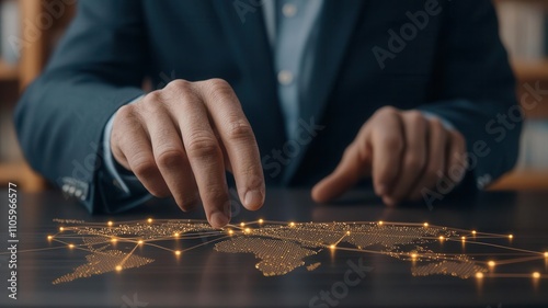 Business professional analyzing glowing charts connected to worldwide insurance networks