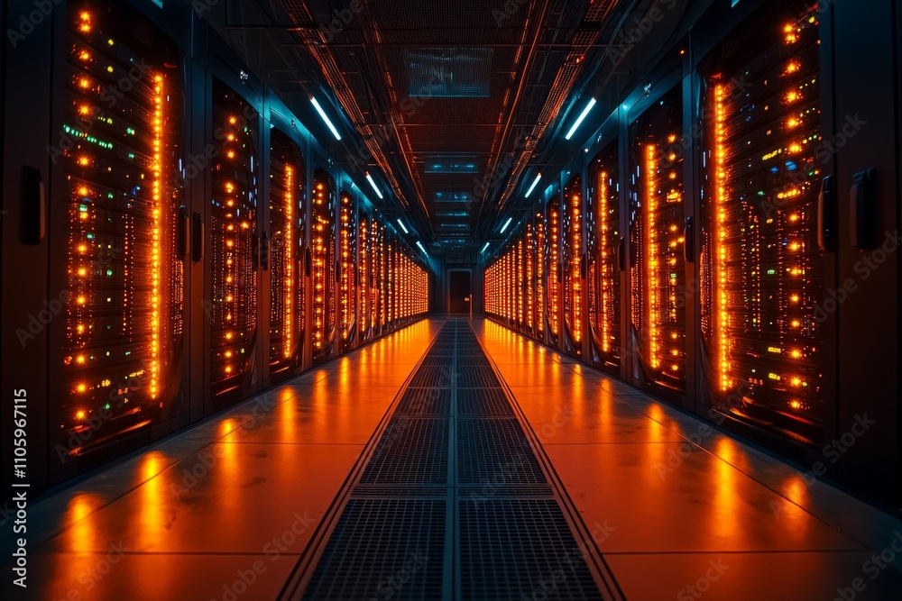 Rows servers are illuminated colorful LED lights modern data center revealing sleek design emphasizes technology and efficiency work. Rows servers are illuminated colorful LED lights modern data center revealing sleek design emphasizes technology and efficiency work.