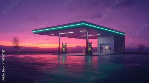 Empty gray and green neon glowing petroleum gas station building at night or in evening with purple pink and orange sunset twilight dusk sky. transportation gasoline pump for fuel, travel business. photo