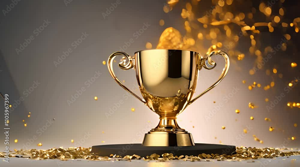 Gold winners sports cup on festive black background with confetti design trophy Golden symbol of winner celebration sport competition champion games 4K