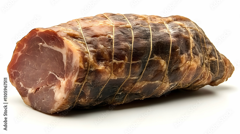 Close-up of a Single, Tied, Cured and Dried Smoked Meat, on a White Background Close-up of a Single, Tied, Cured and Dried Smoked Meat, on a White Background