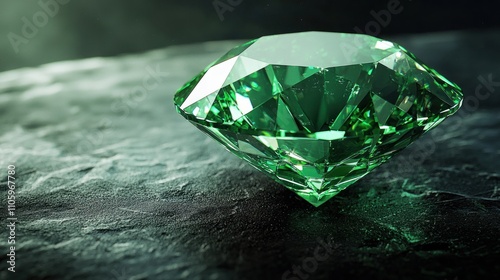 A close-up of a sparkling emerald gemstone, cut to perfection and gleaming in the light with rich green hues photo