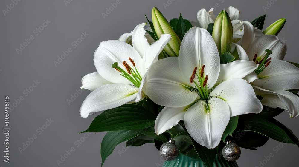 Beautiful holiday arrangement featuring snowy white lilies and green branches, perfect for festive celebrations. elegant bouquet adds touch of sophistication to any decor Beautiful holiday arrangement featuring snowy white lilies and green branches, perfect for festive celebrations. elegant bouquet adds touch of sophistication to any decor