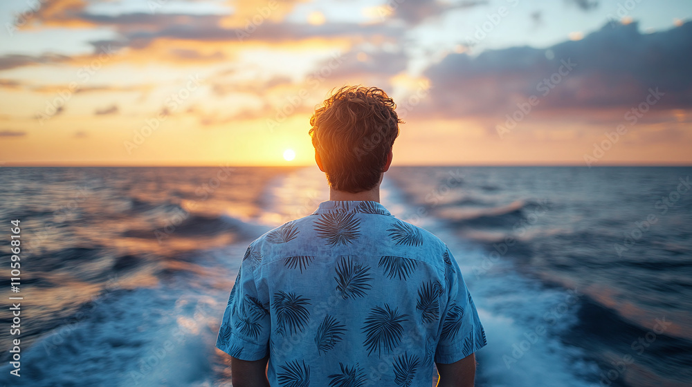 Rearview photography of a young man on the cruise ship or the yacht on the sea or ocean water. male person wearing a light blue tropical shirt, private luxurious liner leisure, sunset trip journey. Rearview photography of a young man on the cruise ship or the yacht on the sea or ocean water. male person wearing a light blue tropical shirt, private luxurious liner leisure, sunset trip journey.