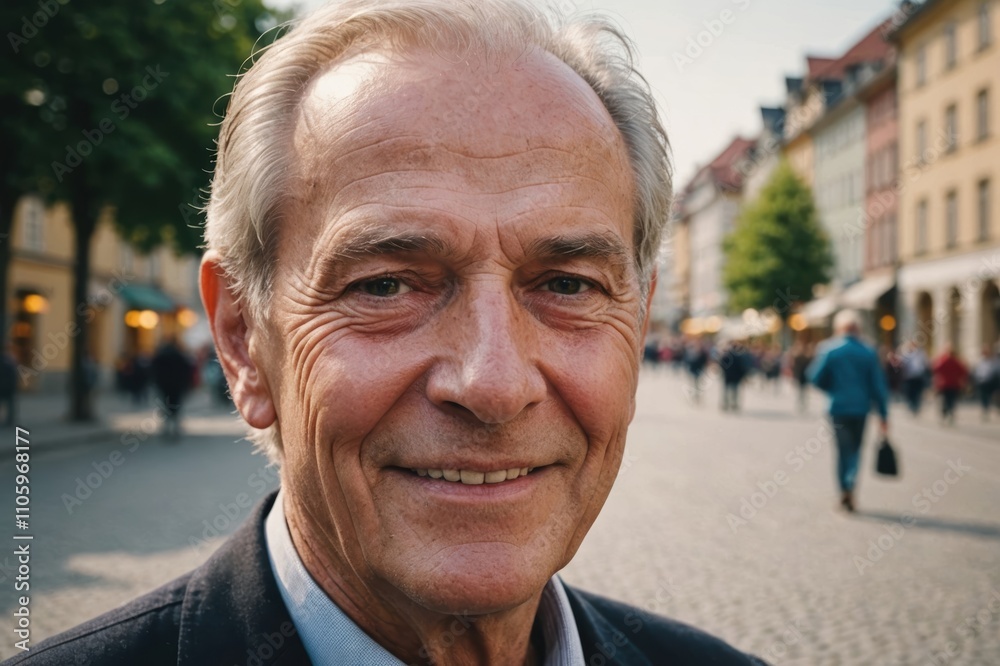 Close portrait of a smiling senior Austrian man looking at the camera, Austrian city outdoors blurred background Close portrait of a smiling senior Austrian man looking at the camera, Austrian city outdoors blurred background