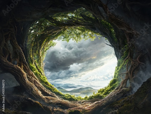 Exploring an otherworldly beanshaped nature aperture with writhing vines in a mystical forest landscape photo