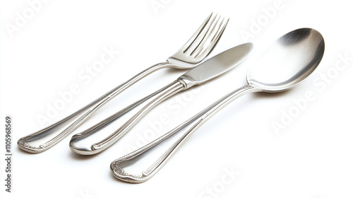 Set of three silver gray kitchen eating cutlery equipment. fork, knife and spoon objects isolated on white background. lunch or dining dishware tableware silverware utensils, collection, metal.