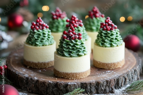 holiday mini cheesecakes, small christmas tree-shaped cheesecakes, ideal for the holidays, showcased on a rustic plate amidst a festive backdrop photo