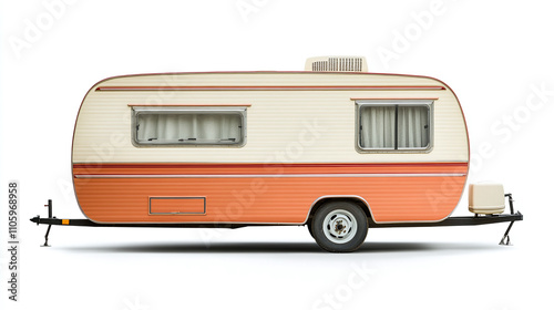Vintage travel trailer isolated on white background. retro summer adventure transport camper caravan mobile rv vehicle, classic camping house, outdoor journey or trip.