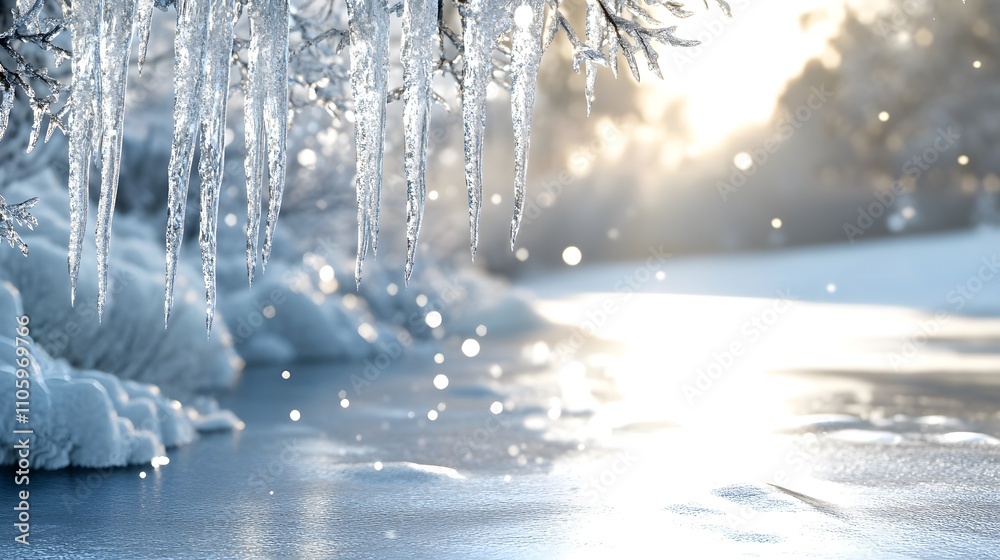 Icicles hanging from a snowy branch over a frozen stream at sunset.