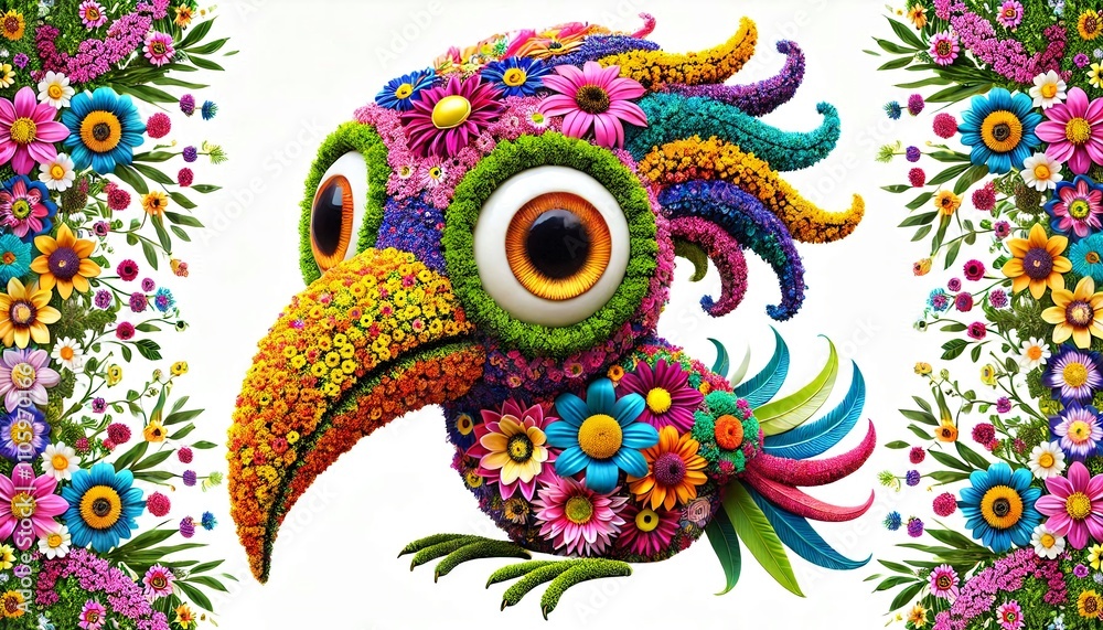 A colorful, whimsical bird with large eyes, a long beak, made entirely of vibrant flowers A colorful, whimsical bird with large eyes, a long beak, made entirely of vibrant flowers