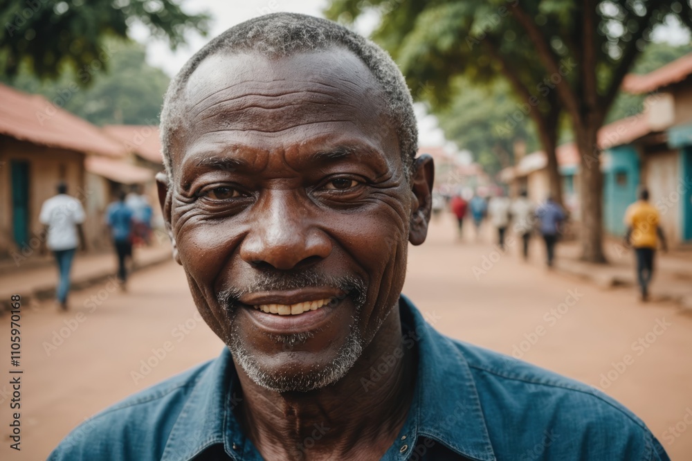 Close portrait of a smiling senior Beninese man looking at the camera, Beninese city outdoors blurred background Close portrait of a smiling senior Beninese man looking at the camera, Beninese city outdoors blurred background