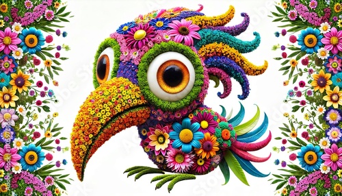 A colorful, whimsical bird with large eyes, a long beak, made entirely of vibrant flowers