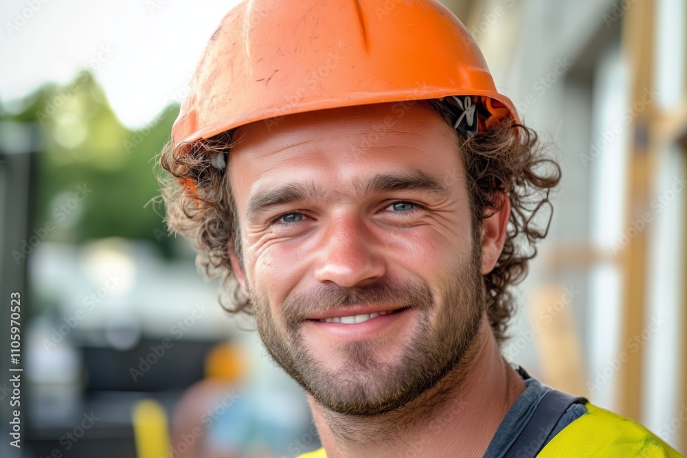 Portrait of handsome young positive male builder smiling with his helmet on the head. Portrait of handsome young positive male builder smiling with his helmet on the head.