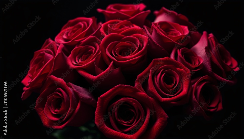 Close up of a bouquet of dark red roses on black background. Close up of a bouquet of dark red roses on black background.