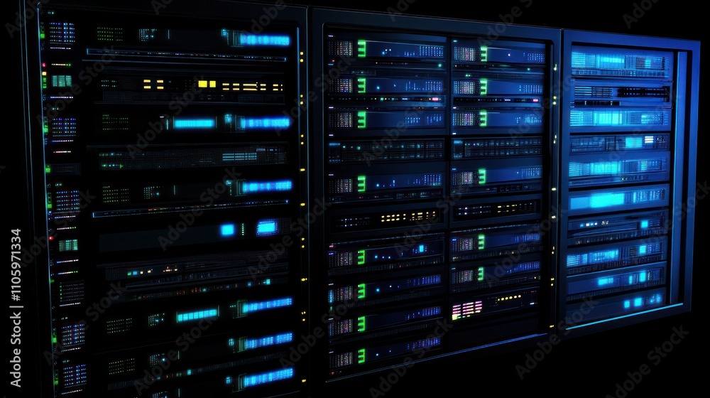 A modern data server rack displaying numerous illuminated components and indicators. A modern data server rack displaying numerous illuminated components and indicators.