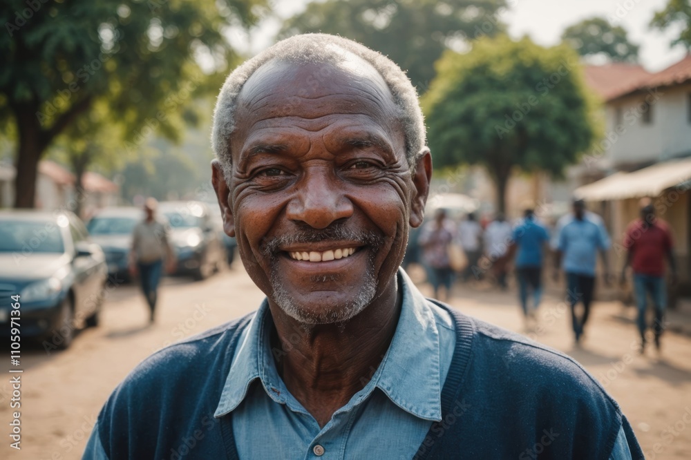 Close portrait of a smiling senior Botswanan man looking at the camera, Botswanan city outdoors  blurred background