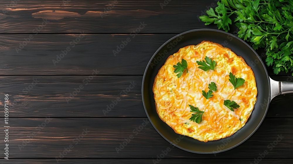 Shredded cheese melting on an omelet in a skillet, top-down view, rustic and homely tones Shredded cheese melting on an omelet in a skillet, top-down view, rustic and homely tones