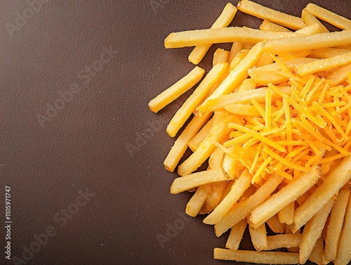 Top view of cheesy fries topped with shredded cheese, warm golden lighting, and a crispy, indulgent vibe photo