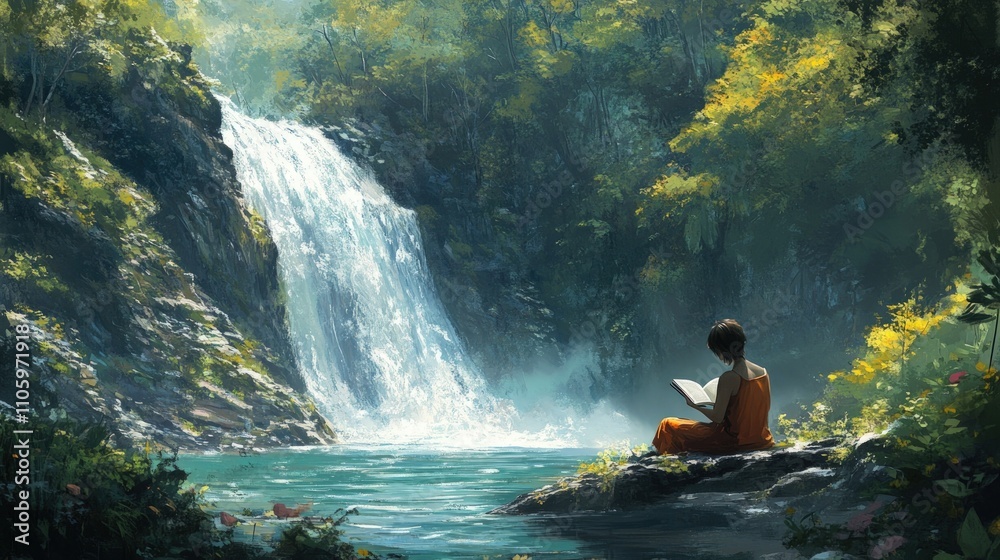 Fototapeta premium Tranquil Waterfall Retreat: A Moment of Peace and Solitude