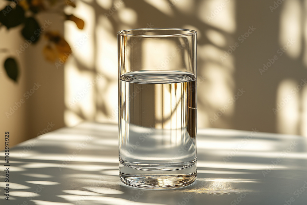 verre en verre transparent avec une forme cylindrique fine, design minimaliste, décoration, vaisselle, objet 3D réaliste, HDR, photographie immobilière, décoration, tendance