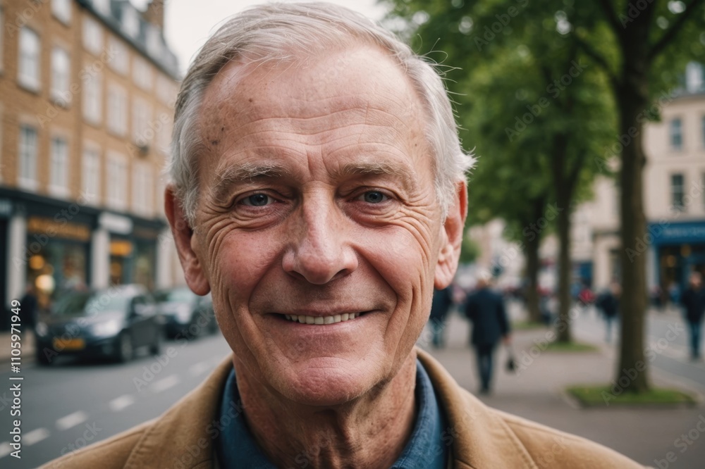 Close portrait of a smiling senior British man looking at the camera, British city outdoors blurred background Close portrait of a smiling senior British man looking at the camera, British city outdoors blurred background