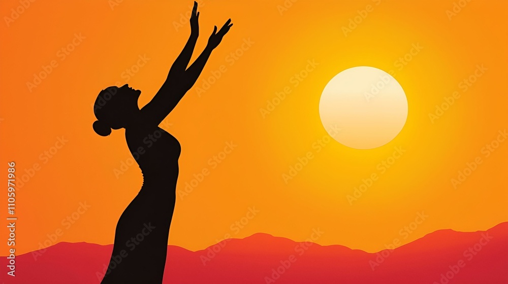 A silhouette of a woman raising her arms against a vibrant sunset backdrop, symbolizing freedom and joy. A silhouette of a woman raising her arms against a vibrant sunset backdrop, symbolizing freedom and joy.