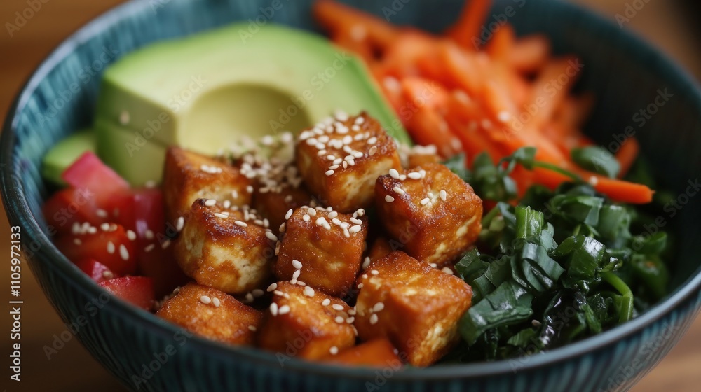 Delicious Sesame Tofu Bowl with Avocado, Carrots, and Greens