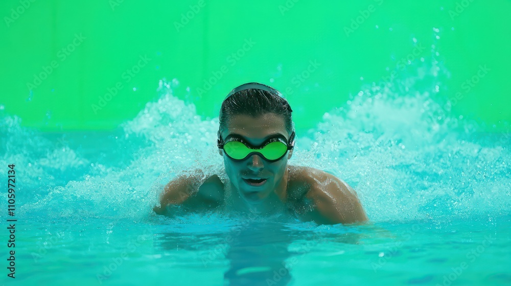 Naklejka premium A competitive swimmer preparing at the poolside, framed by a bold green screen for dynamic content
