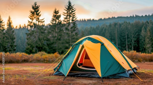 Colorful camping tent in serene forest setting. photo