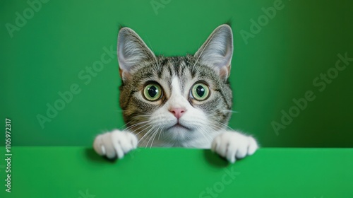 A curious cat exploring its surroundings, framed by a bold green screen for dynamic designs