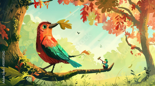 A bird is trying to save her 3 kids from sun raysand heat having a leaf in her beak
