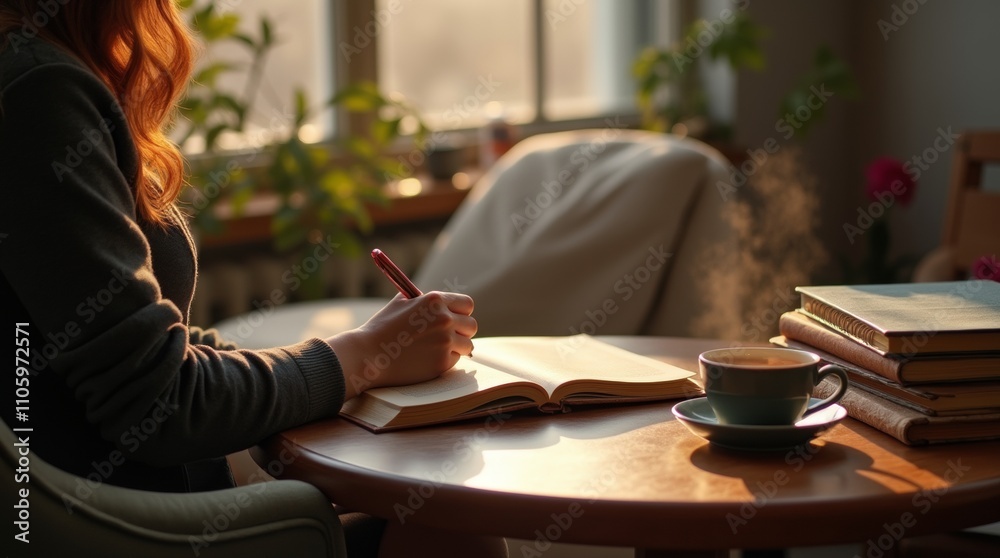 A cozy writing nook featuring a comfortable chair, a desk filled with notebooks, and a steaming cup of tea, writing in a journal, embodying the essence of creative expression through words A cozy writing nook featuring a comfortable chair, a desk filled with notebooks, and a steaming cup of tea, writing in a journal, embodying the essence of creative expression through words