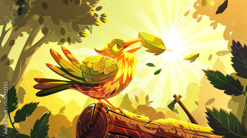A bird is trying to save her 3 kids from sun raysand heat having a leaf in her beak