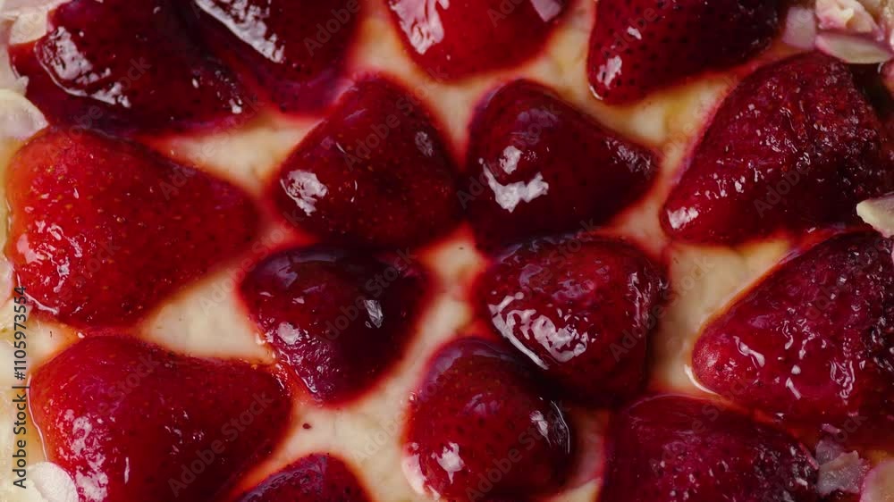 close up strawberry berry cake rotation , strawberry cheesecake fresh and delicious , macro cheesecake with ripe fresh berries close up strawberry berry cake rotation , strawberry cheesecake fresh and delicious , macro cheesecake with ripe fresh berries
