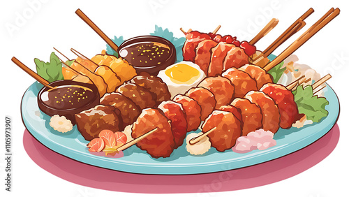 Delicious Japanese Skewers Platter isolated on transparent background photo