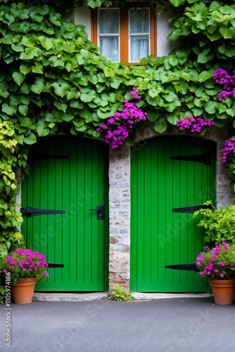 A green door with flowers growing on the side of a building