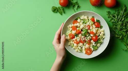 A foodie enjoying a colorful gourmet dish, with a green screen background for creative culinary visuals photo